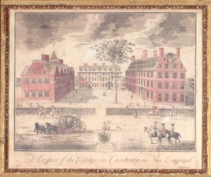Perspektywa kolegiów w Cambridge w Nowej Anglii, rycina przypisywana Johnowi Harrisowi (fl.1686-1740), 1726 (rycina ręcznie kolorowana)